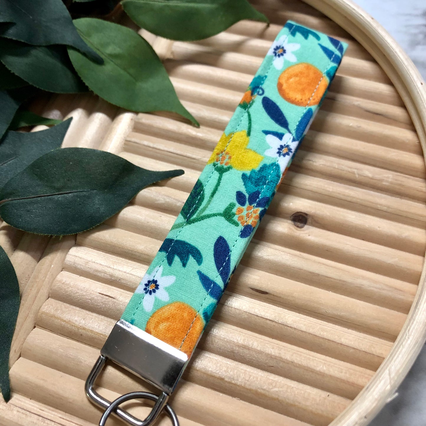 Oranges on Teal Print Fabric Keychain, Key Fob