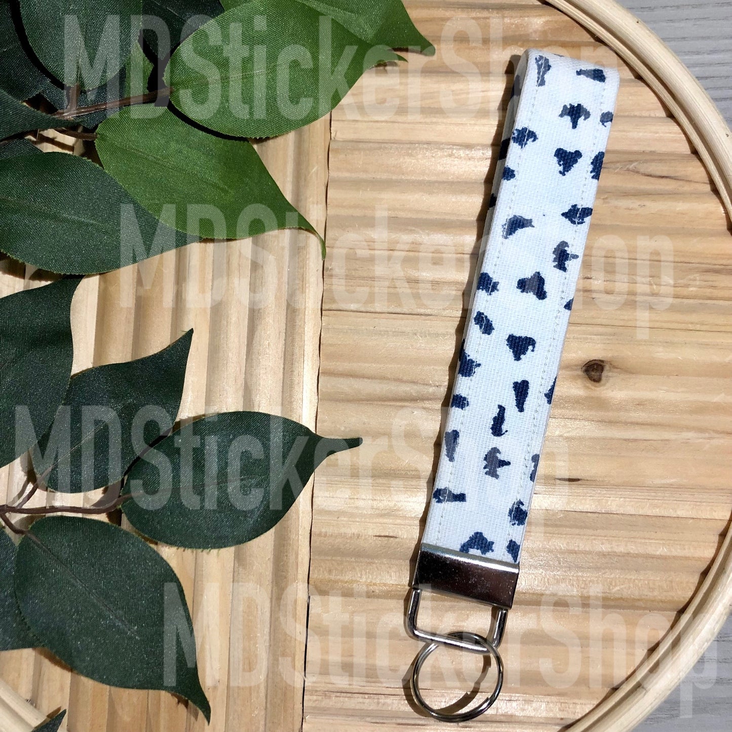 Navy Splotches on Ivory Print Fabric Keychain, Key Fob
