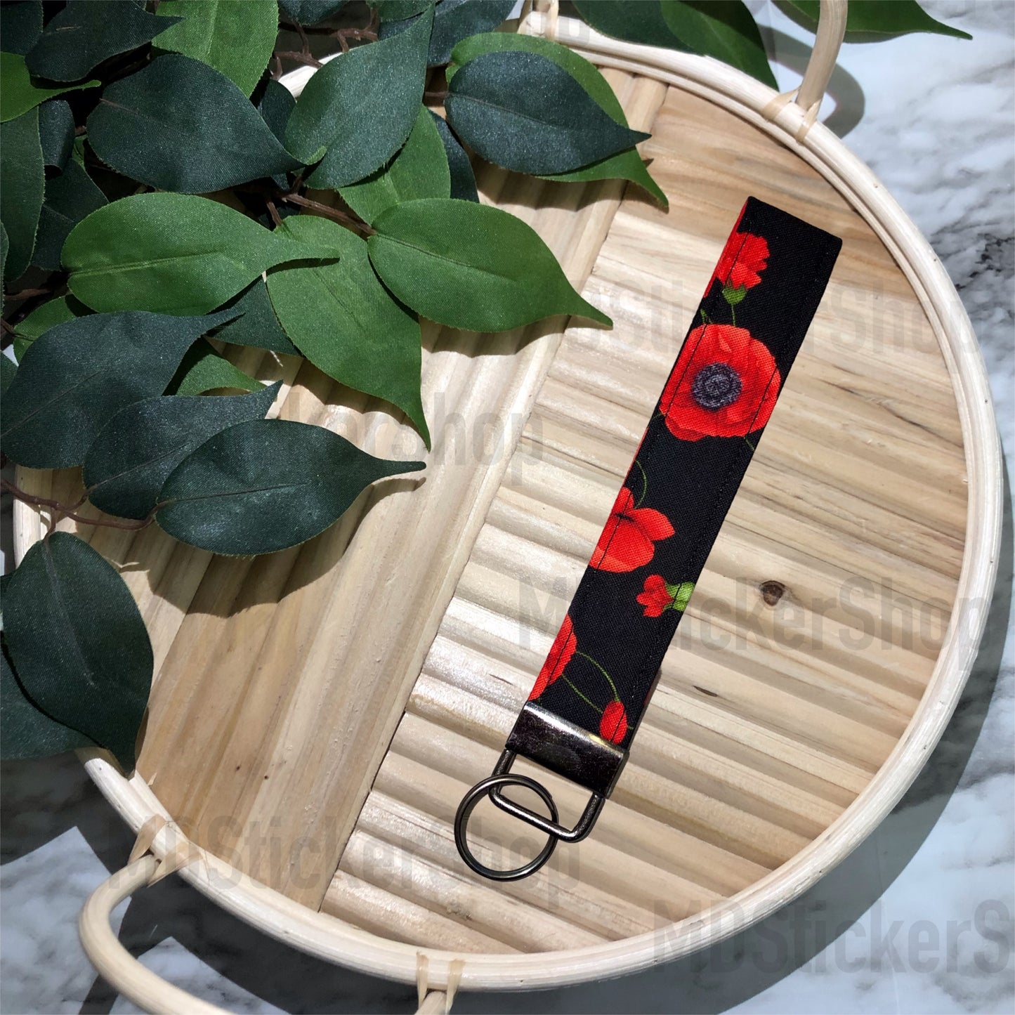 Poppy Print Fabric Keychain, Key Fob