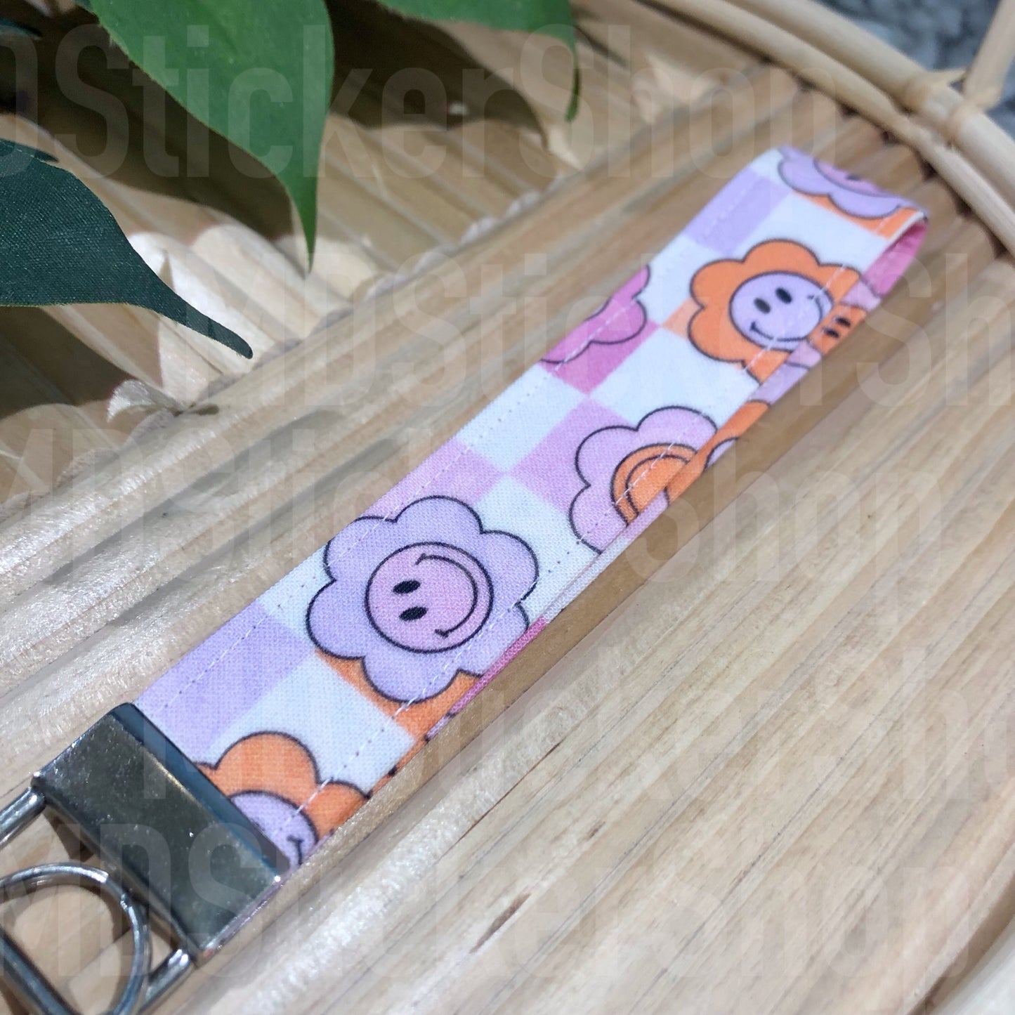 Happy Flowers on Checkered Print Fabric Keychain
