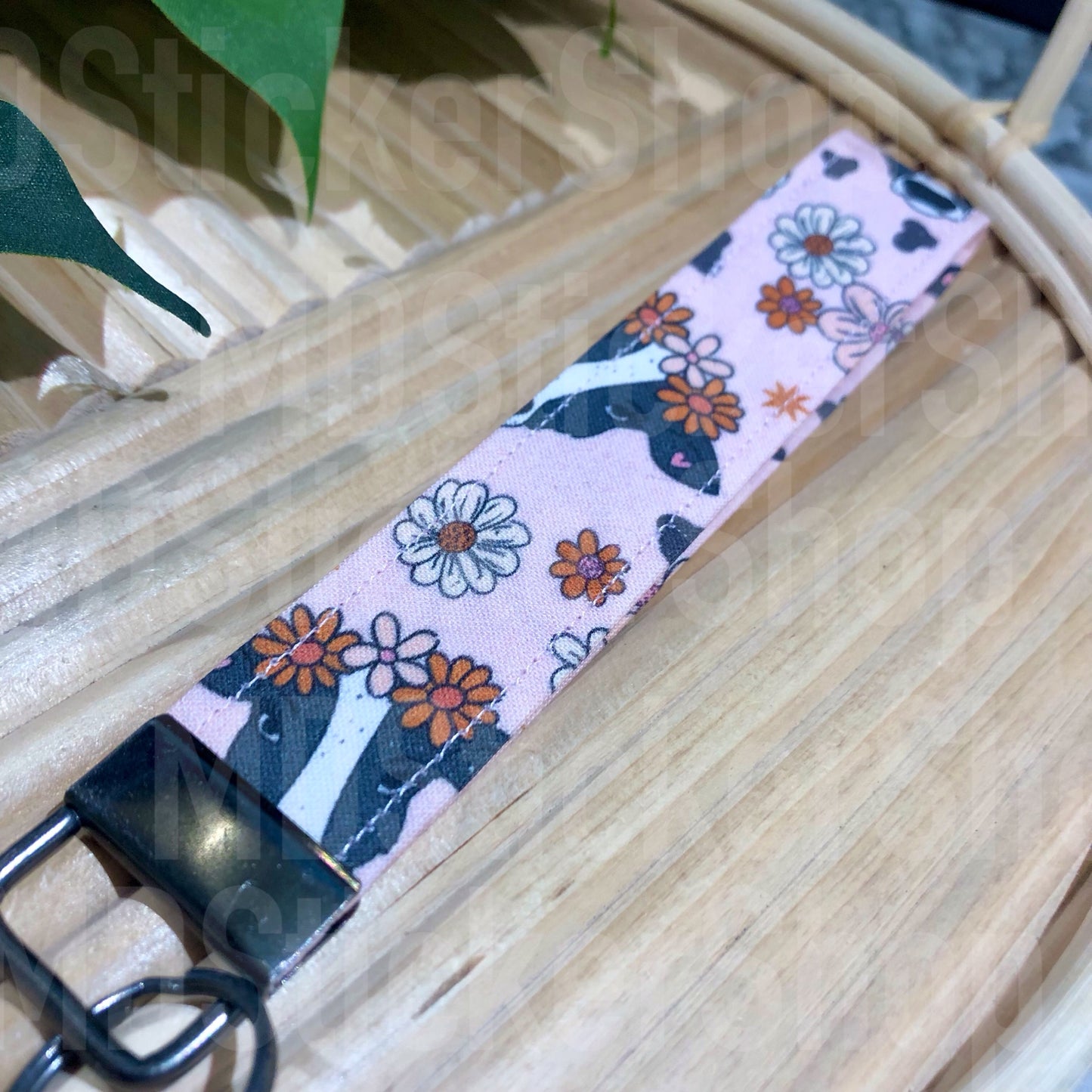 Floral Cow Print Fabric Keychain