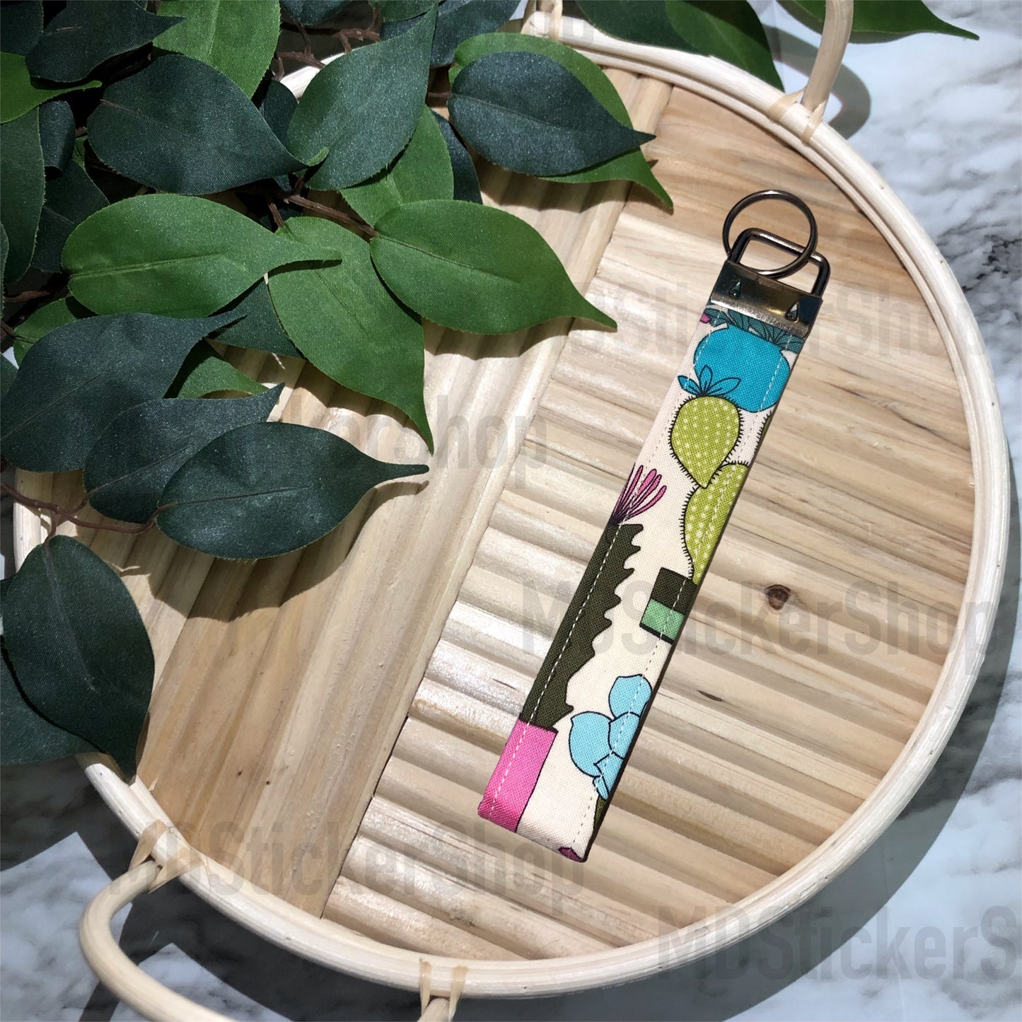 Pink Succulent Print Fabric Keychain, Key Fob