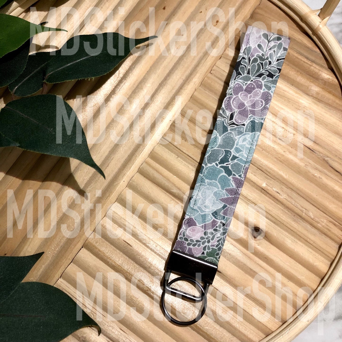 Green Succulent Print Fabric Keychain, Key Fob