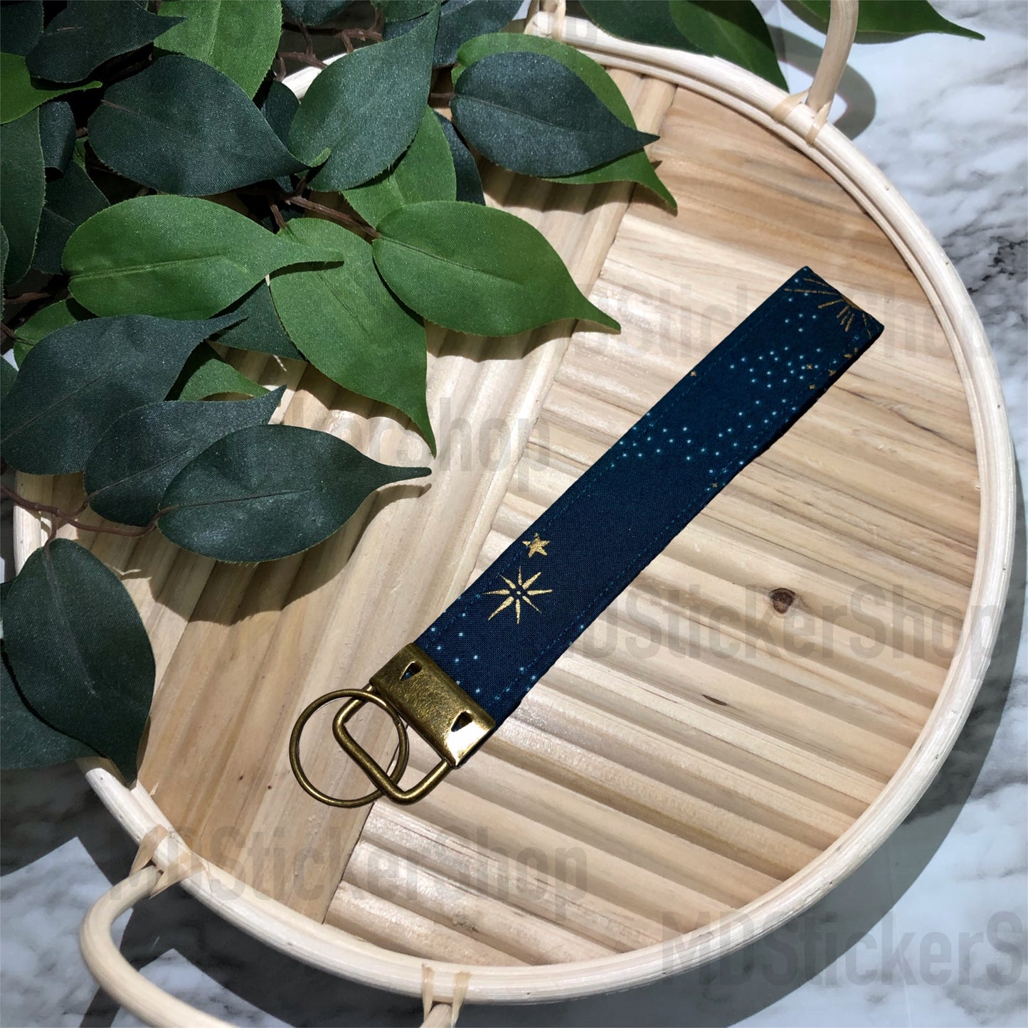 Gold Star Print Fabric Keychain, Key Fob