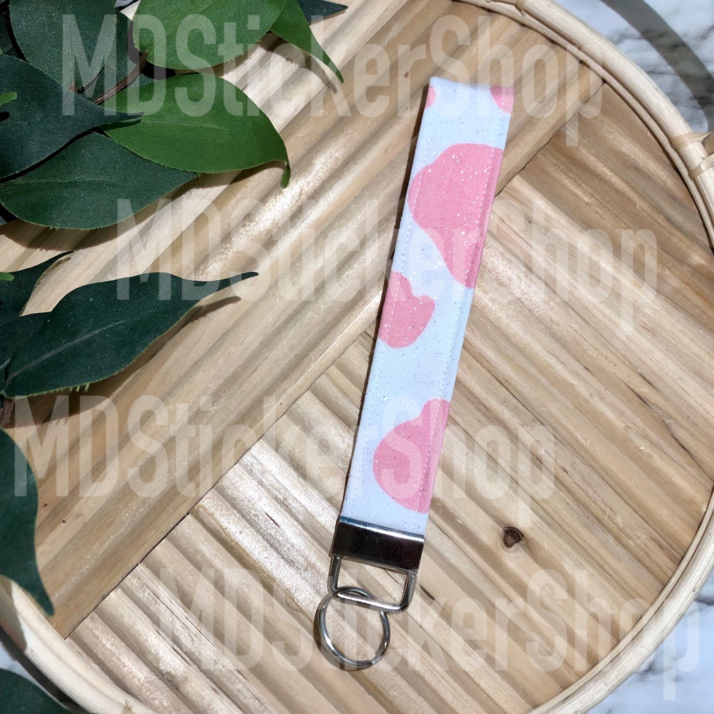 Pink and White Glitter Cow Print Fabric Keychain, Key Fob