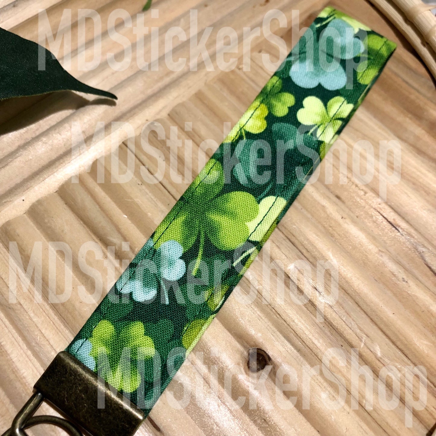 Green Clover Print Fabric Keychain, Key Fob