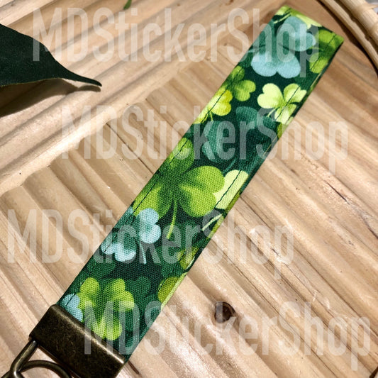 Green Clover Print Fabric Keychain, Key Fob