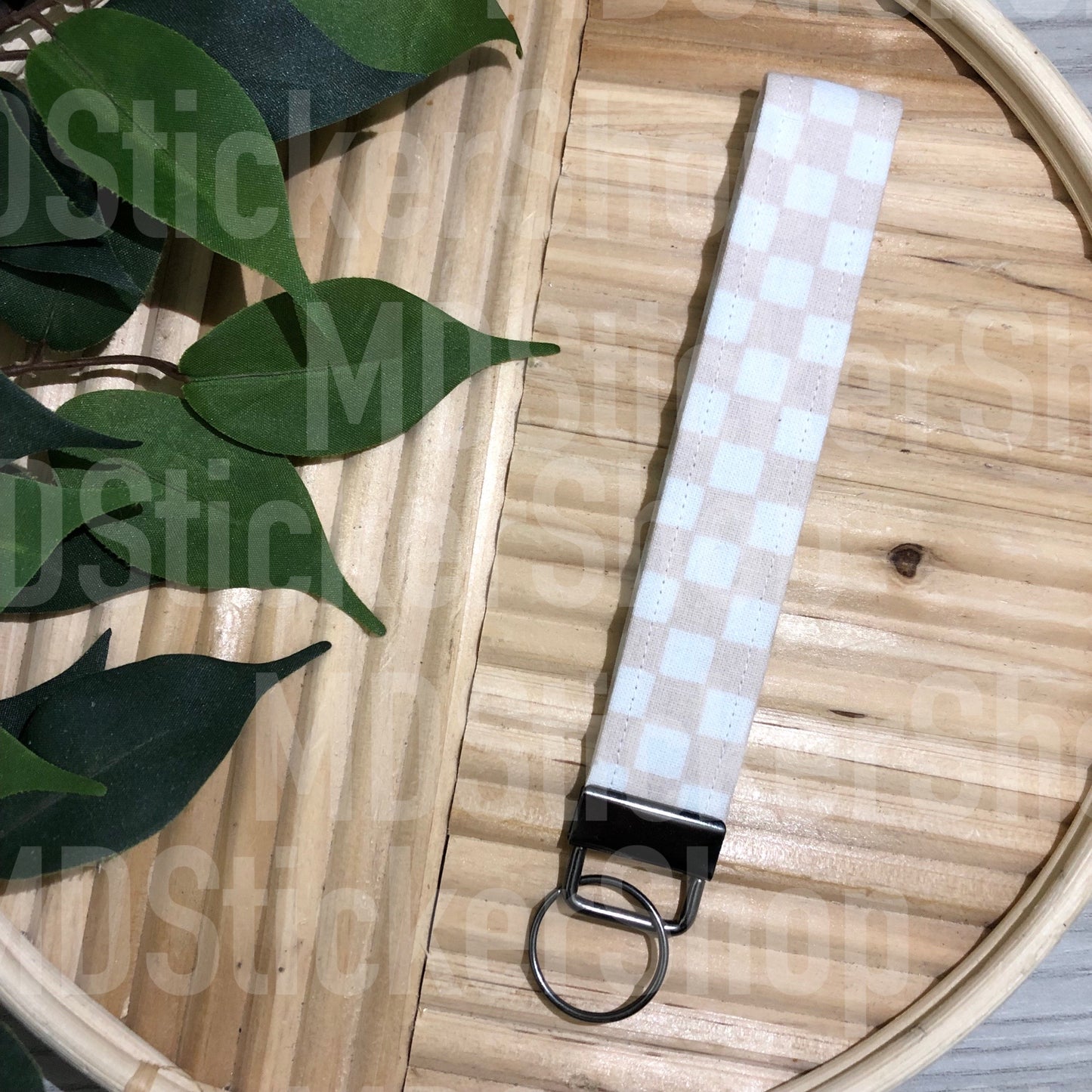 Beige Check Print Fabric Keychain, Key Fob