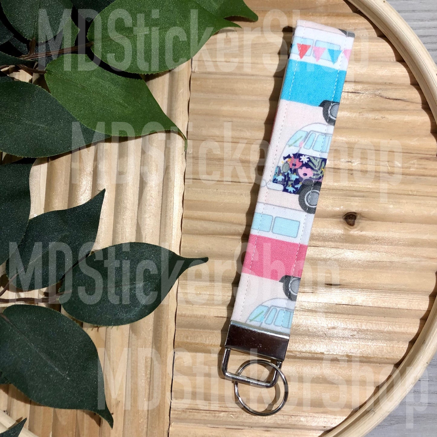 Floral Groovy Bus Print Fabric Keychain, Key Fob