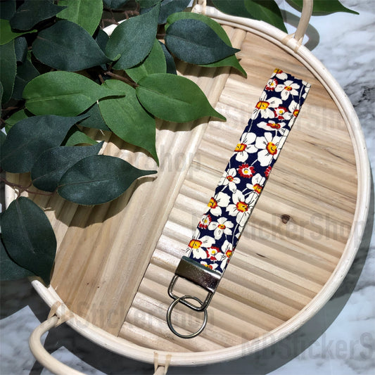 White/Red/Yellow Floral on Navy Print Fabric Keychain, Key Fob