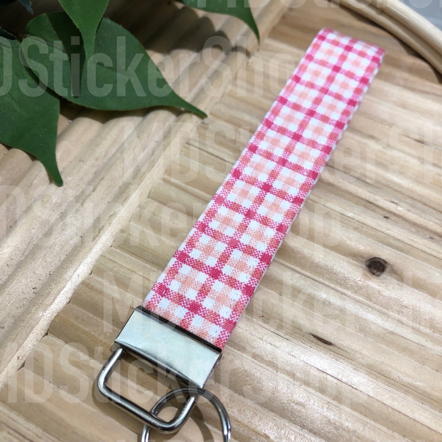 Pink and Orange Plaid Print Fabric Keychain, Key Fob