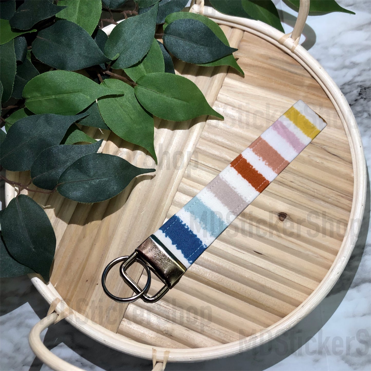 Muted Stripe Print Fabric Keychain, Key Fob