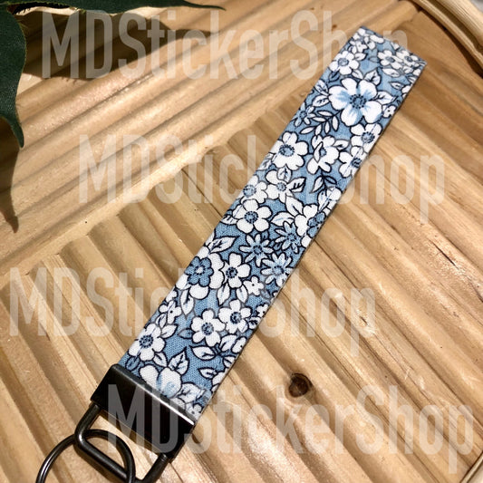 Baby Blue Floral Print Fabric Keychain, Key Fob