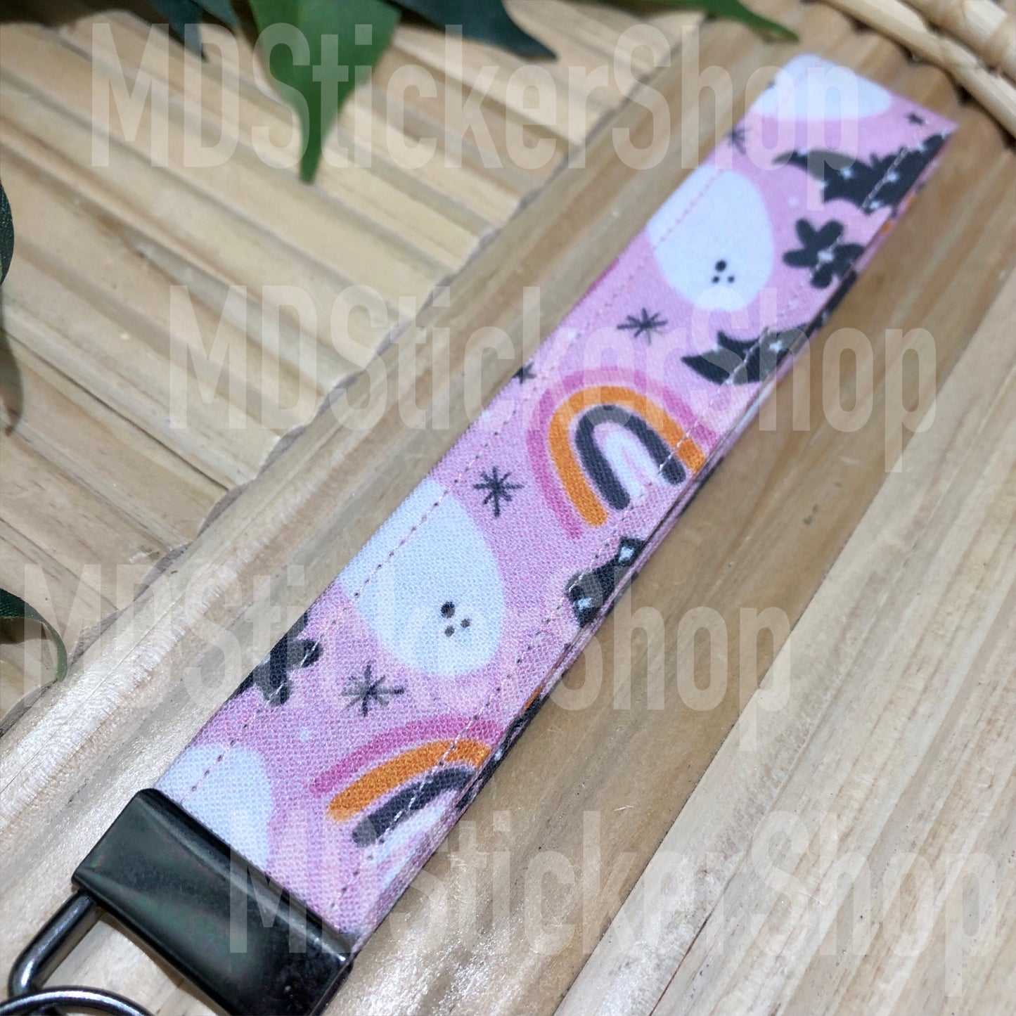 Pink Halloween Print Fabric Keychain, Key Fob