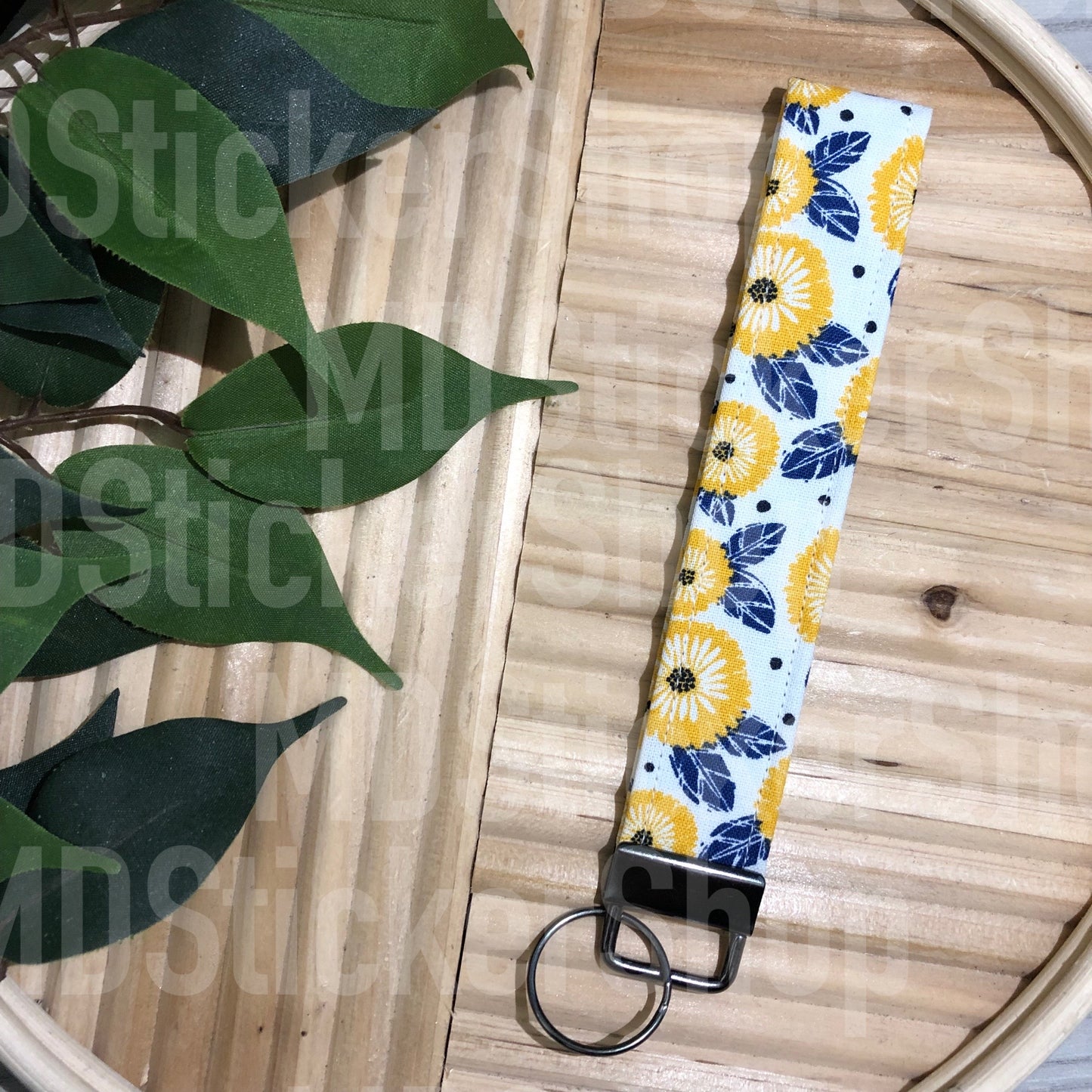 Golden Flower Print Fabric Keychain, Key Fob
