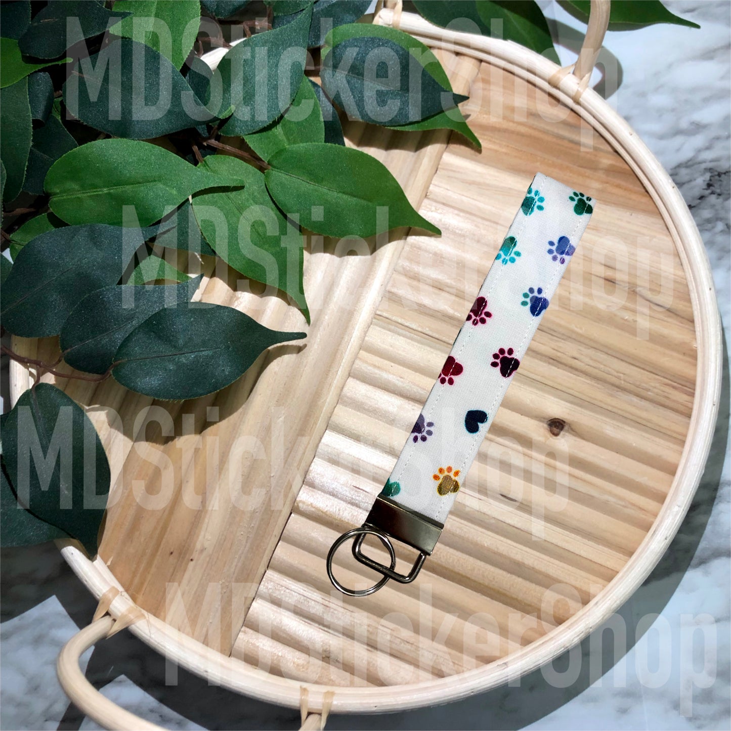 Colorful Paw Prints on White Fabric Wristlet Keychain, Key Fob