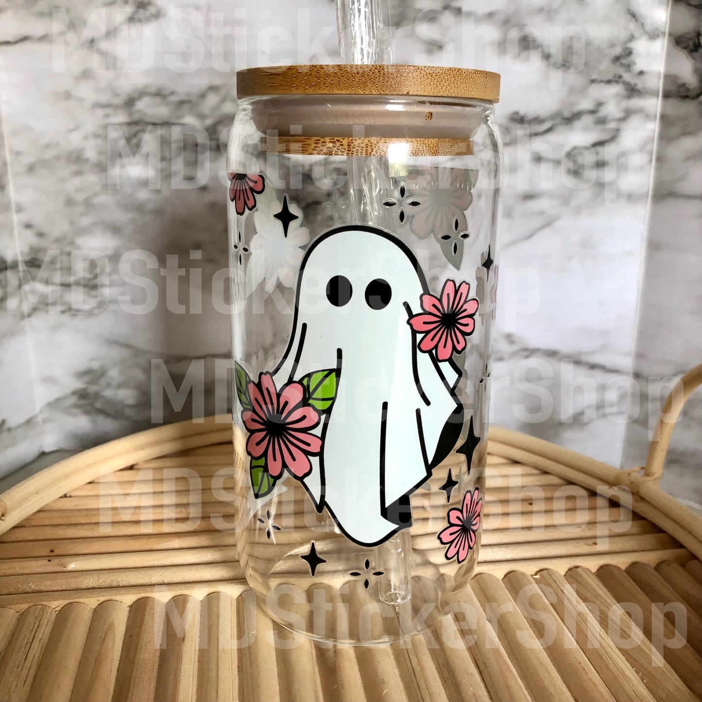 Floral Ghost Halloween Beer Can Glass Cup