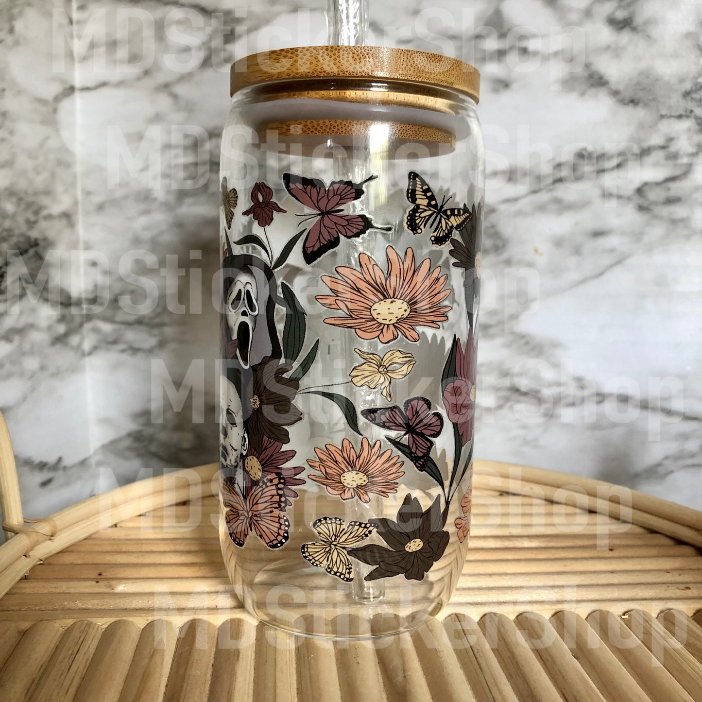 Horror Characters Floral Halloween Beer Can Glass Cup