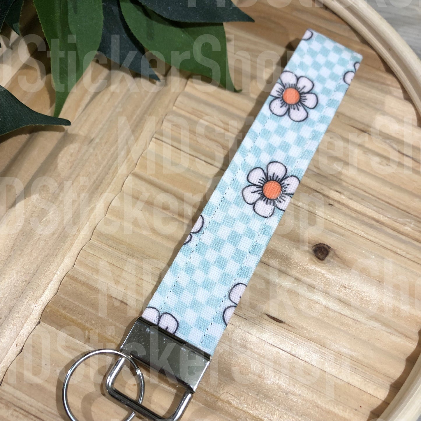 Daisy Checker Print Fabric Keychain, Key Fob