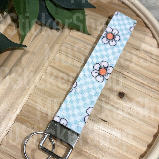 Daisy Checker Print Fabric Keychain, Key Fob
