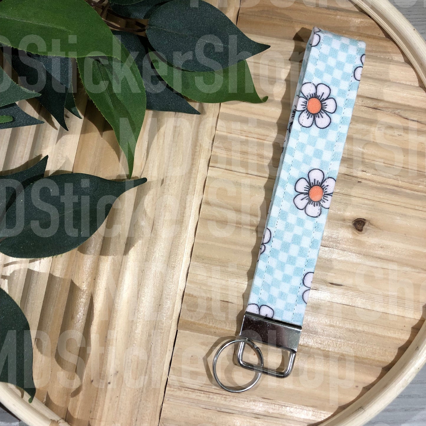 Daisy Checker Print Fabric Keychain, Key Fob