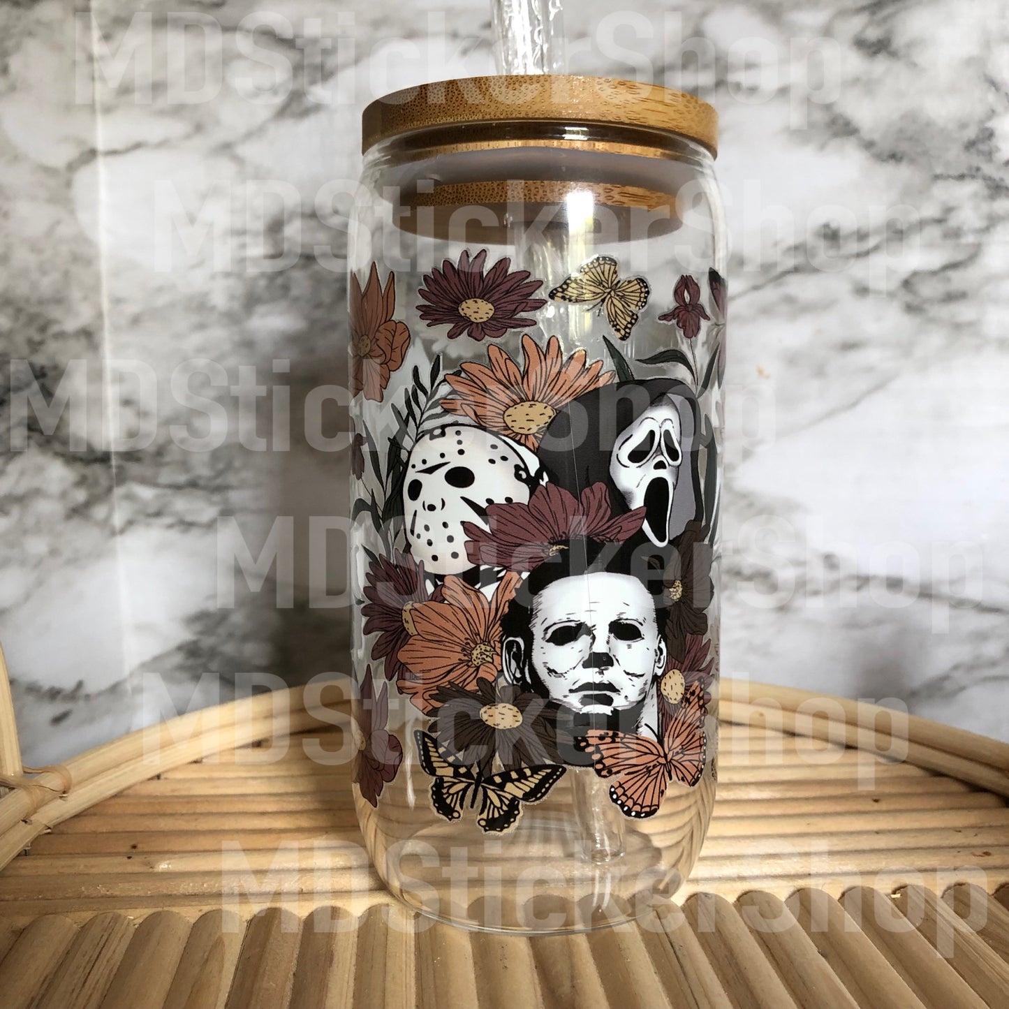 Horror Characters Floral Halloween Beer Can Glass Cup