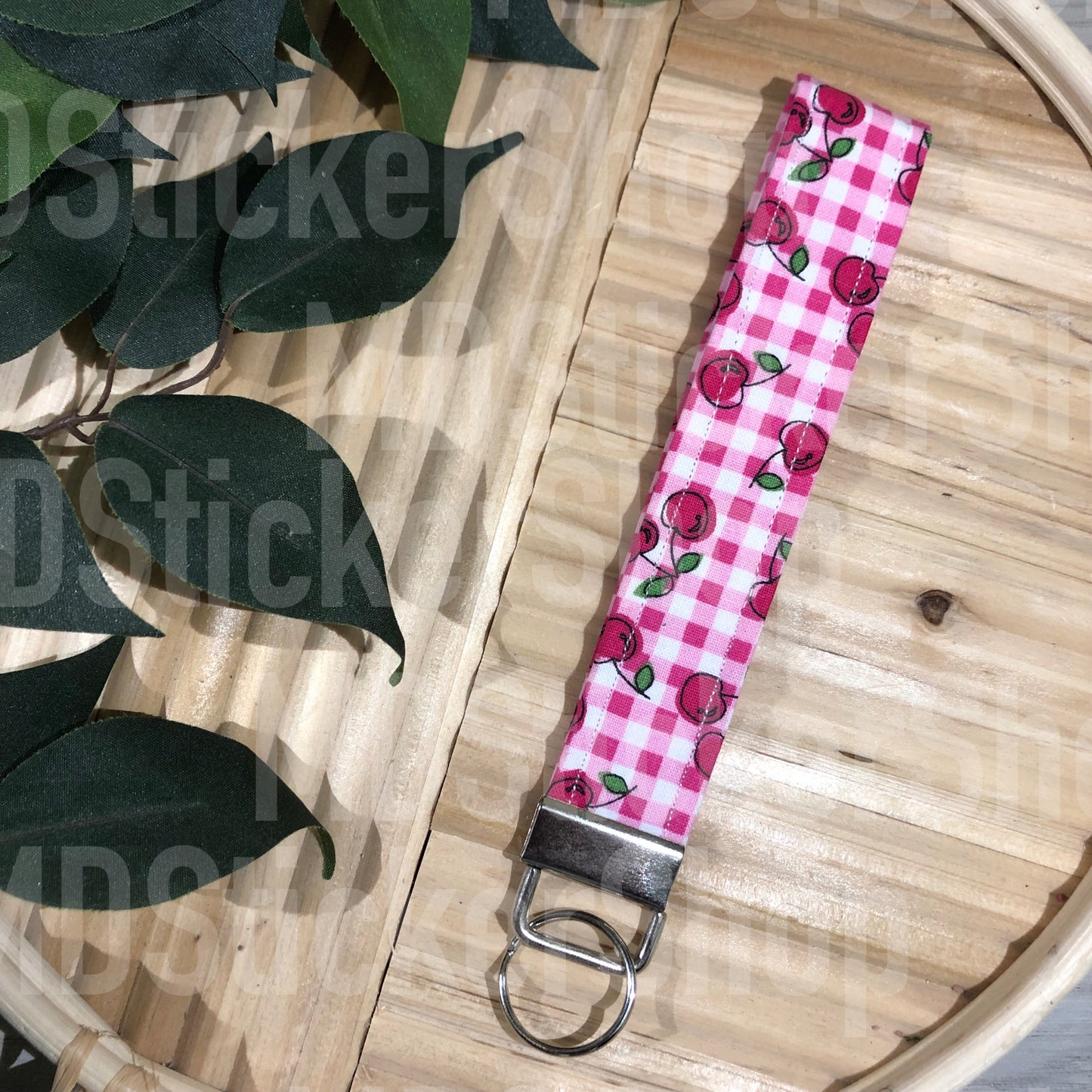Cherries on Gingham Print Fabric Keychain, Key Fob