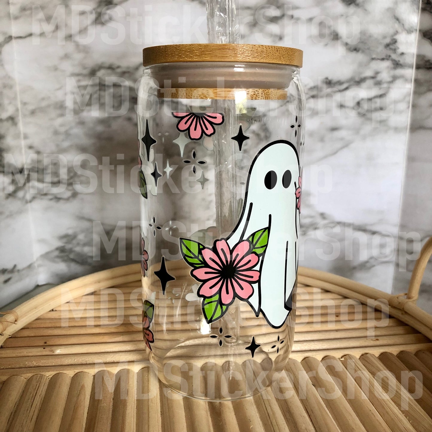 Floral Ghost Halloween Beer Can Glass Cup