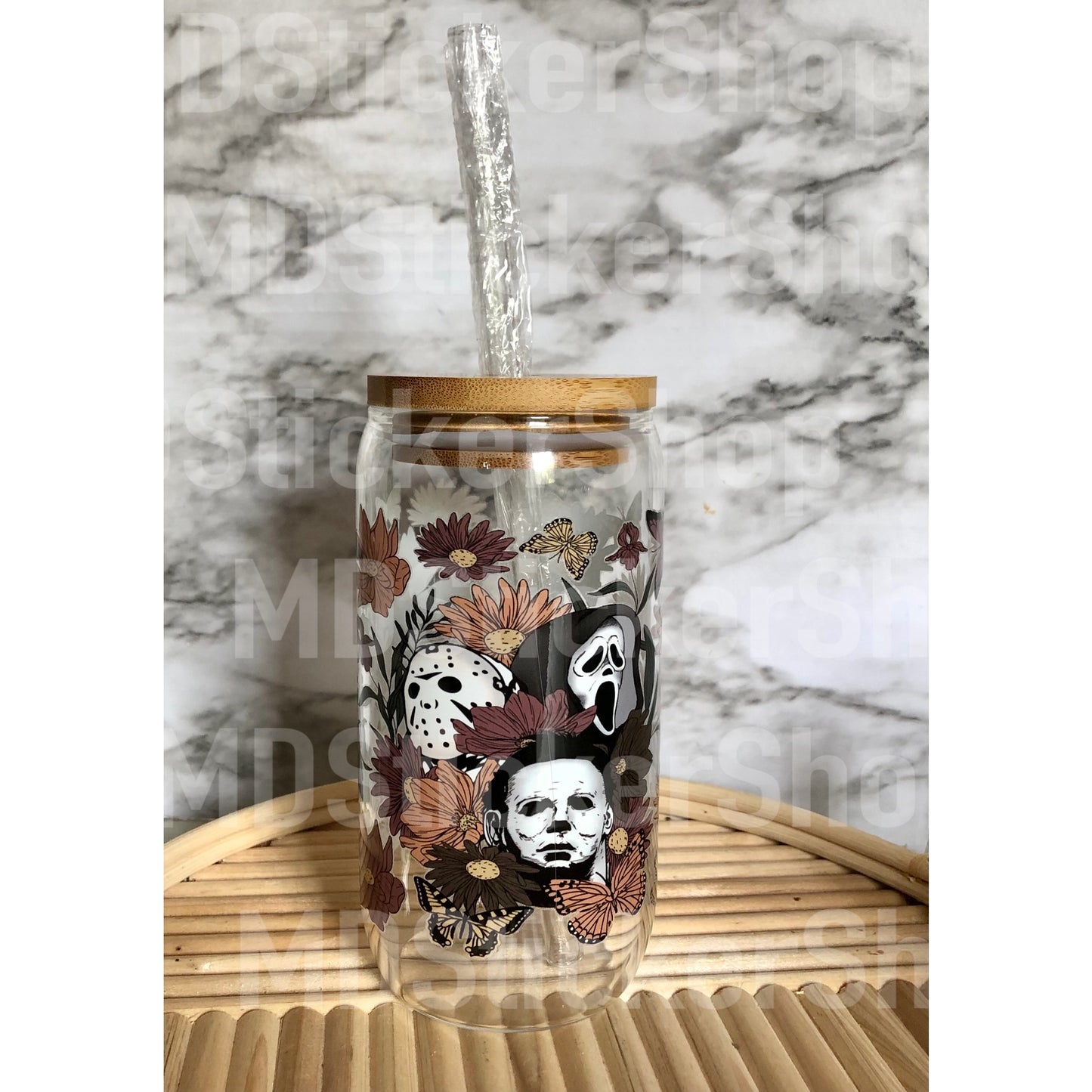 Horror Characters Floral Halloween Beer Can Glass Cup
