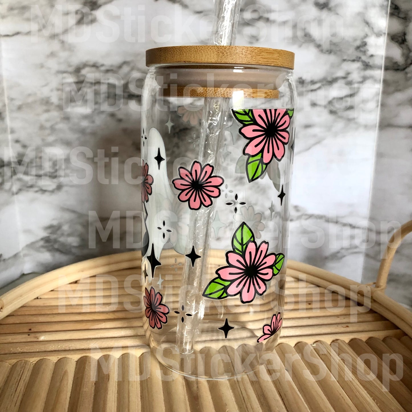 Floral Ghost Halloween Beer Can Glass Cup