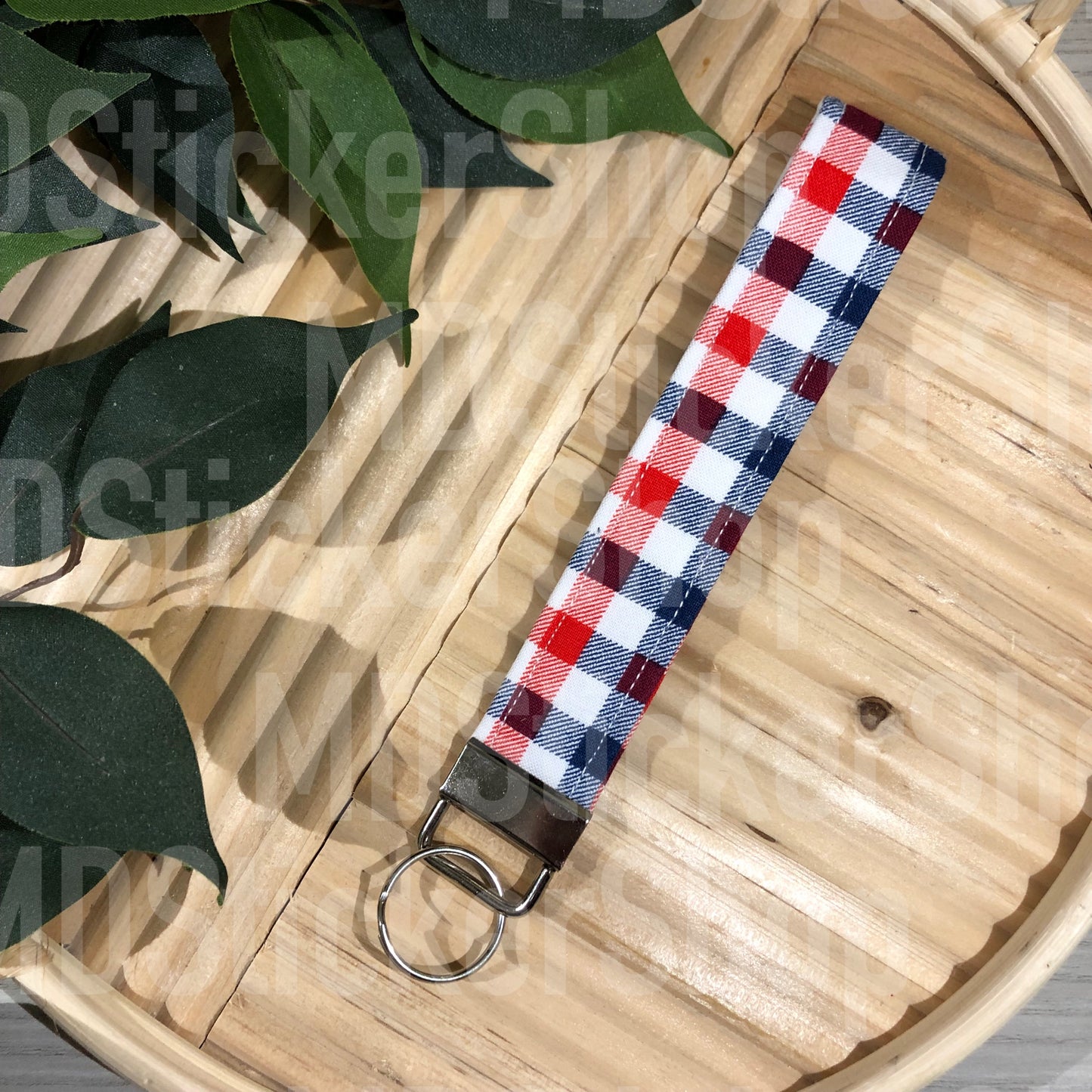 Red, White, and Navy Plaid Print Fabric Keychain, Key Fob