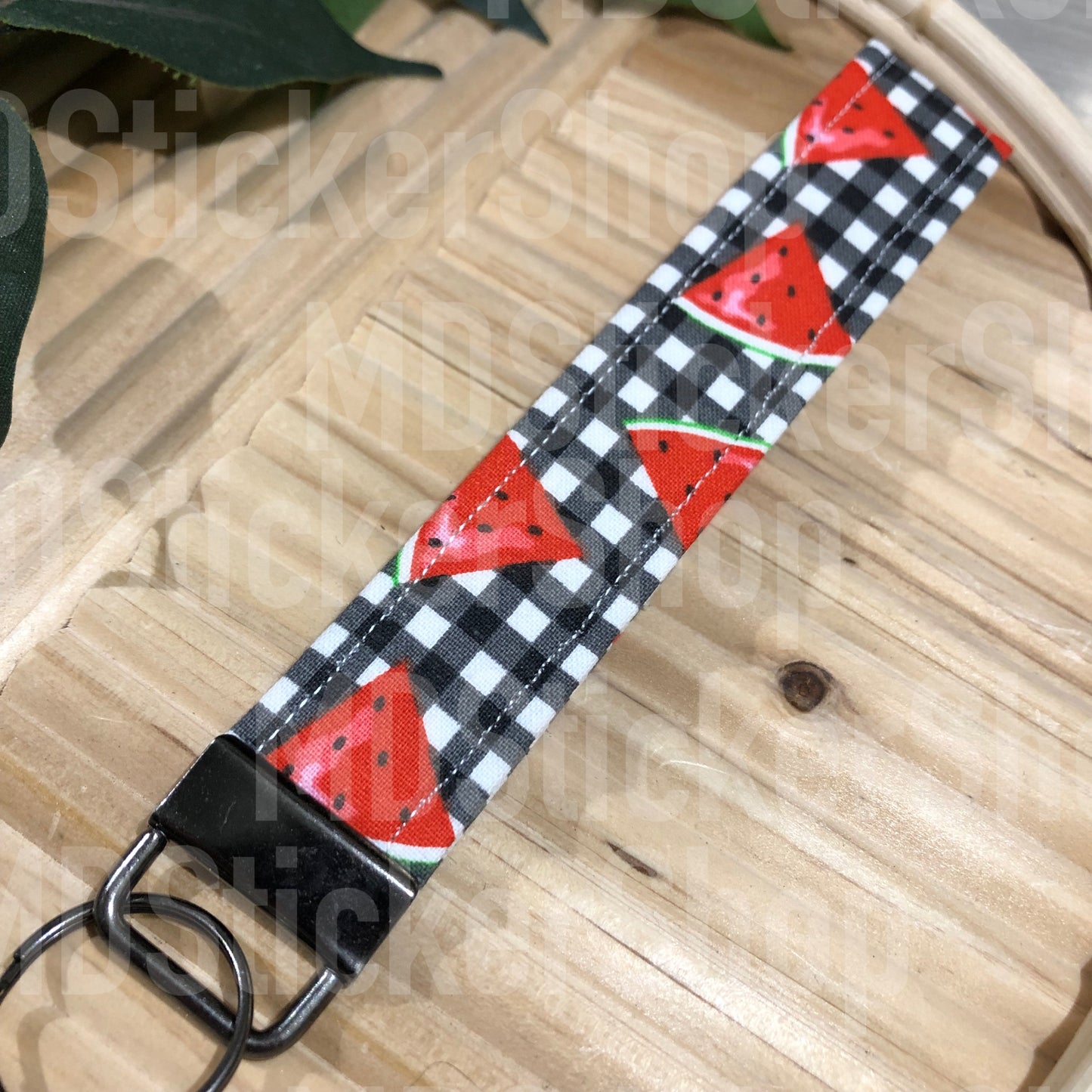 Watermelon on Gingham Print Fabric Keychain, Key Fob