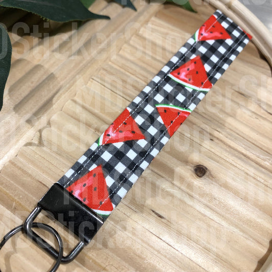 Watermelon on Gingham Print Fabric Keychain, Key Fob
