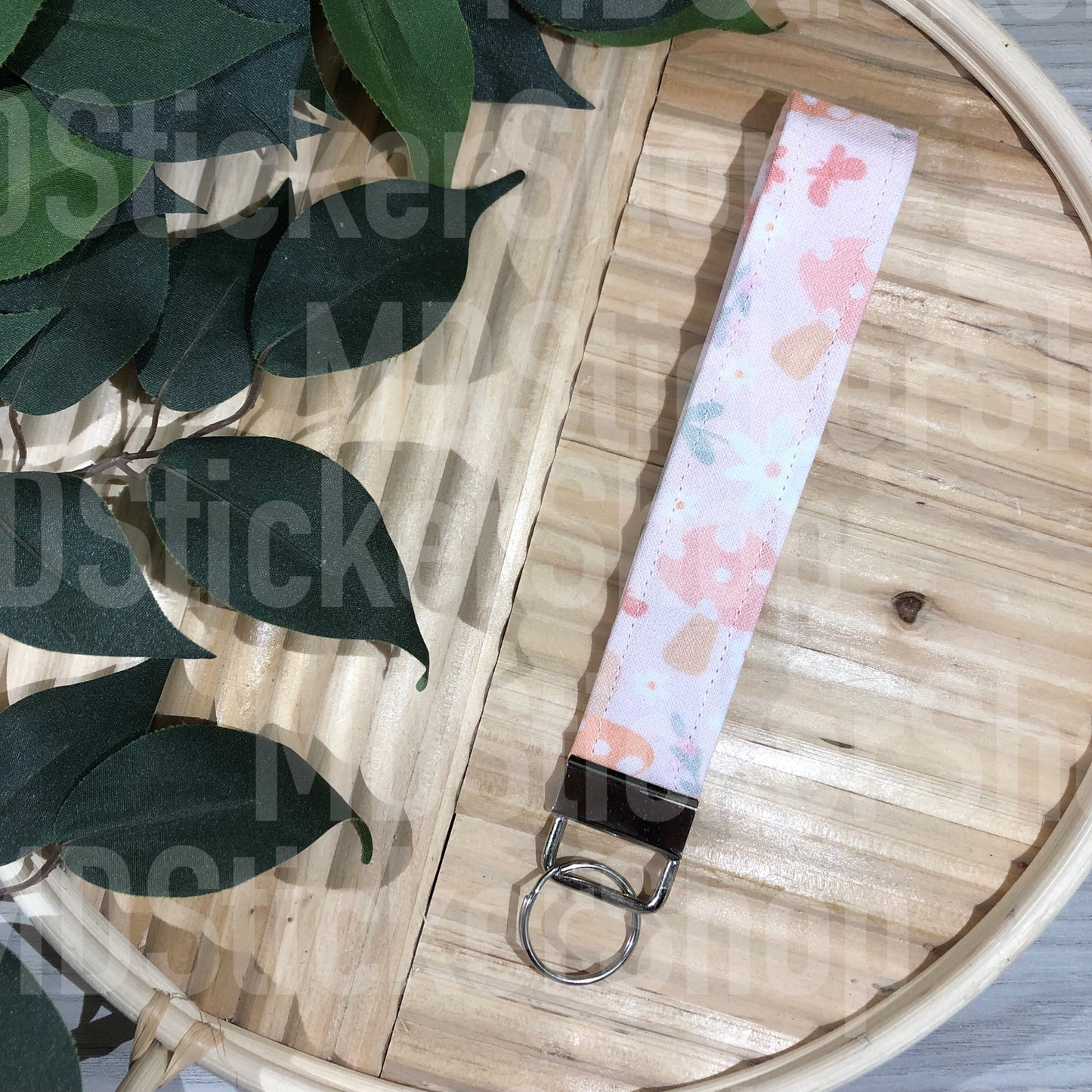 Pink Floral Mushroom Print Fabric Keychain, Key Fob