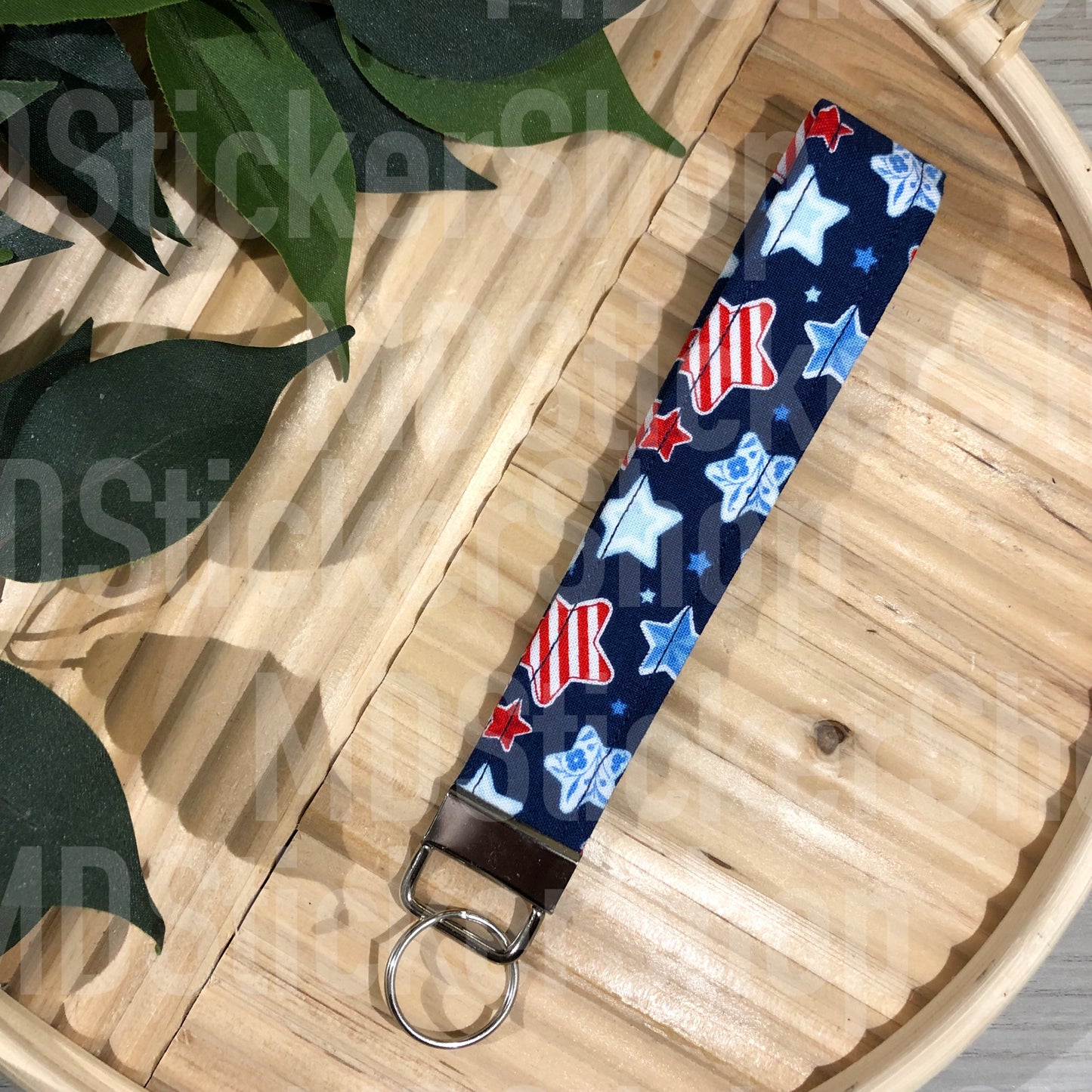 Navy Patterned Star Print Fabric Keychain, Key Fob