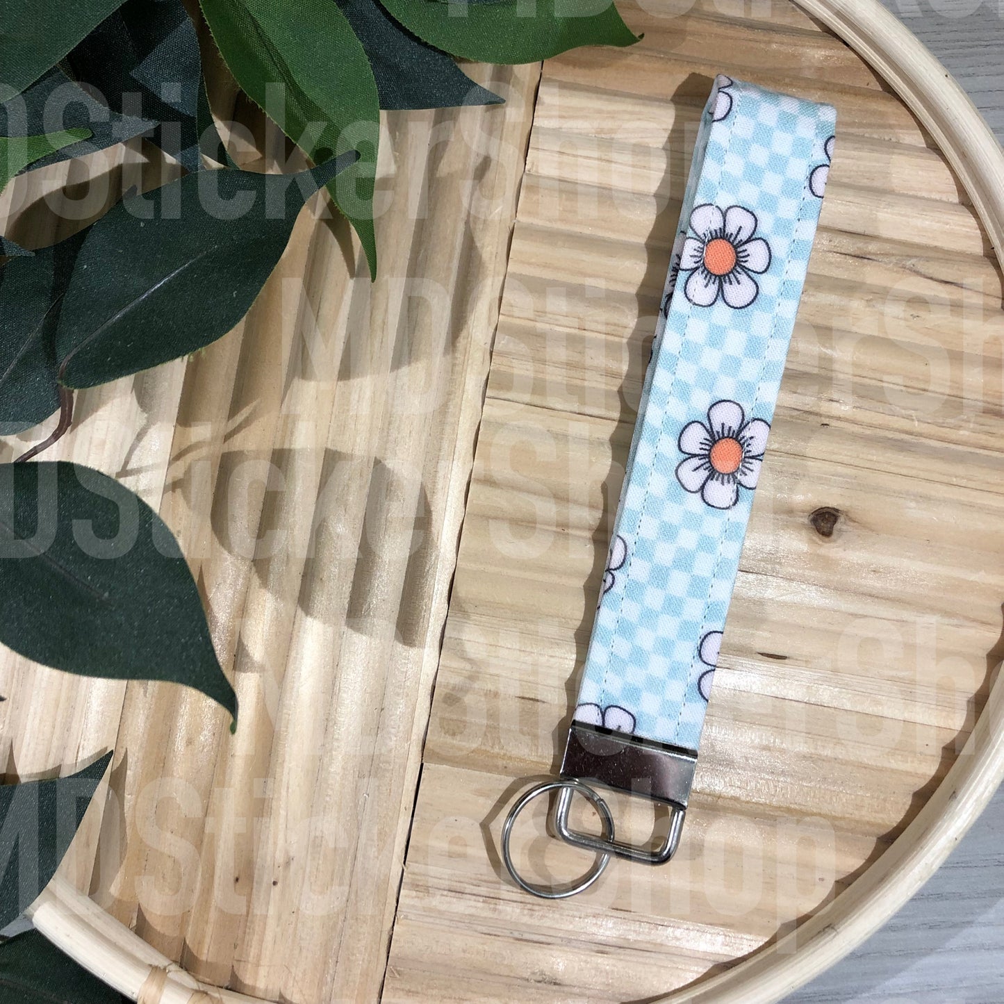 Daisy Checker Print Fabric Keychain, Key Fob