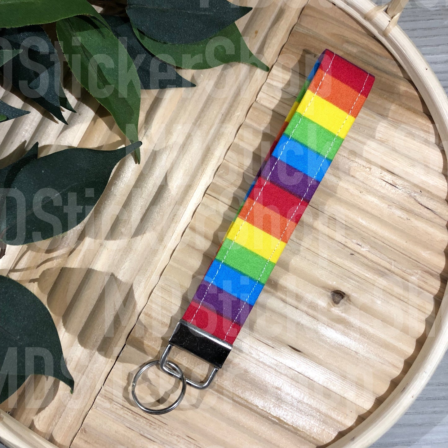 Rainbow Stripe Print Fabric Keychain, Key Fob