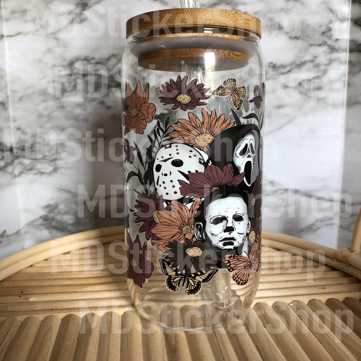 Horror Characters Floral Halloween Beer Can Glass Cup