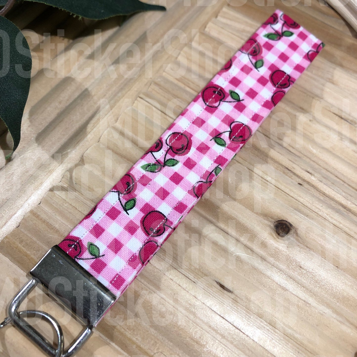 Cherries on Gingham Print Fabric Keychain, Key Fob