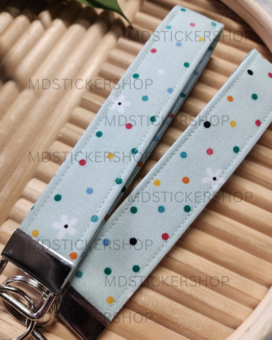 Mint Daisy Dot Print Fabric Keychain, Key Fob