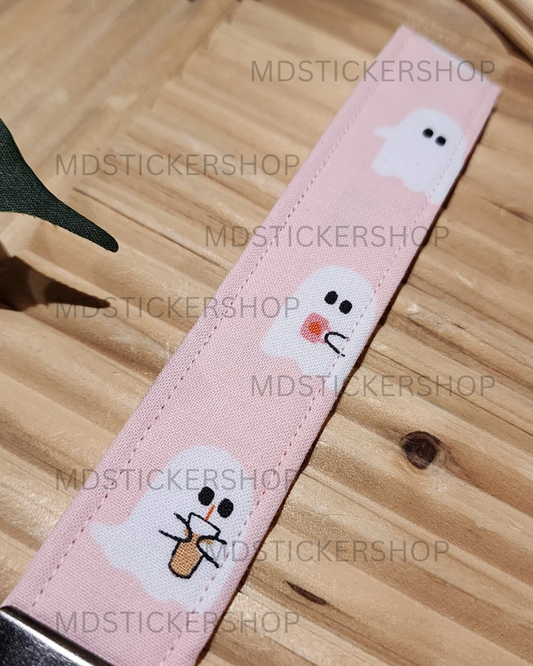 Coffee Ghost Print Fabric Keychain, Key Fob
