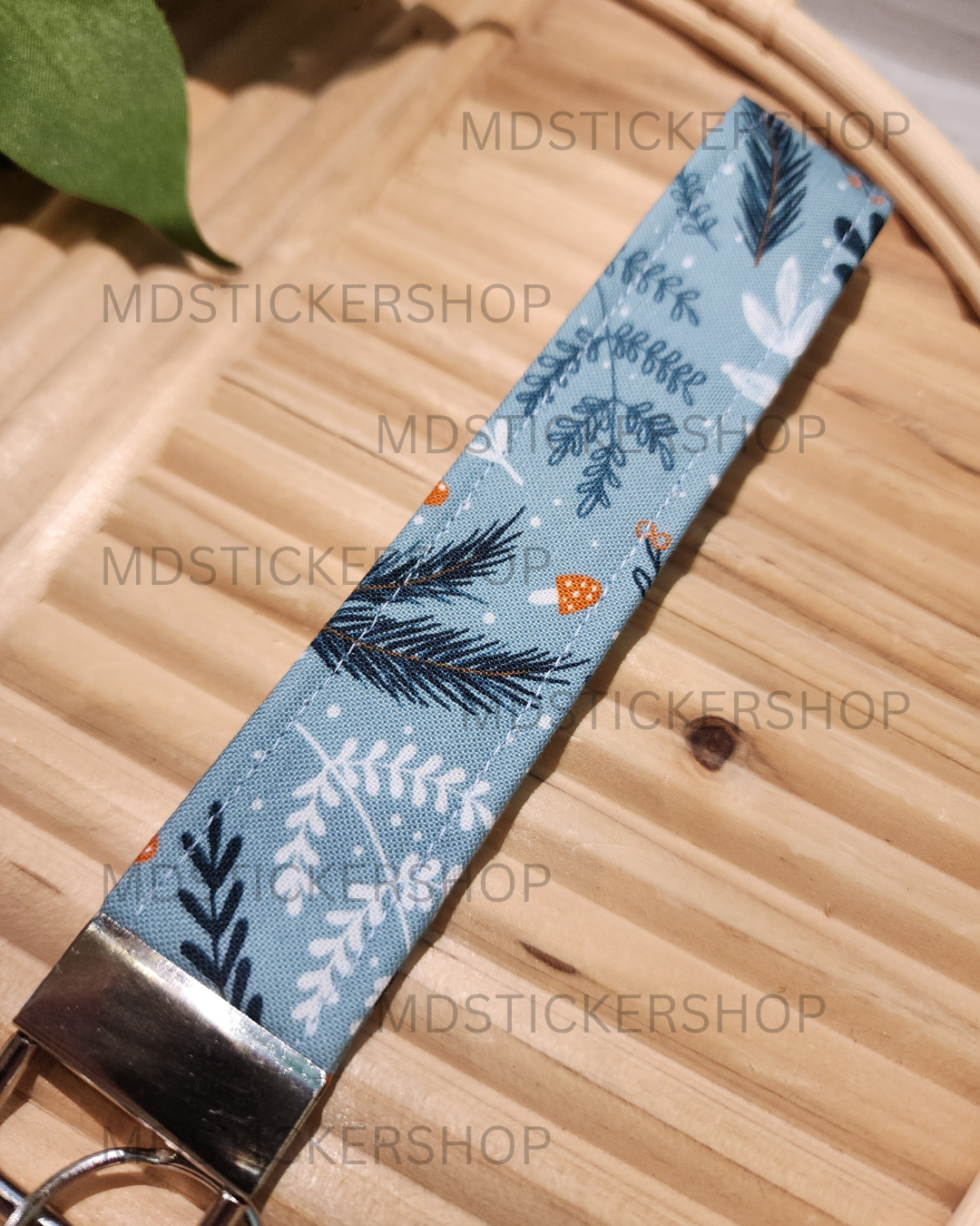 Winter Greenery Print Fabric Keychain, Key Fob