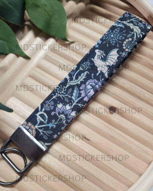 Dragon Garden Print Fabric Keychain, Key Fob