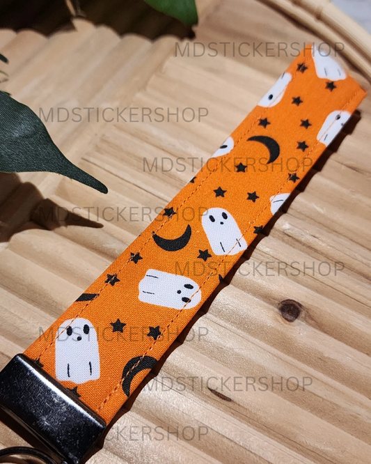 Orange Ghost Print Fabric Keychain, Key Fob