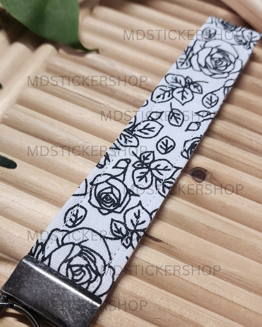 Black Floral Outline Print Fabric Keychain, Key Fob