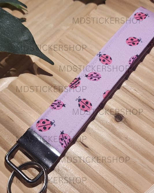 Purple Lady Bug Print Fabric Keychain, Key Fob