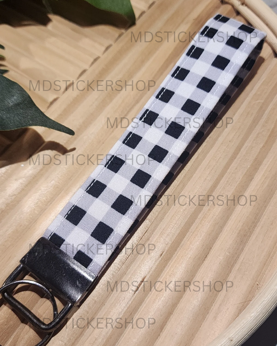 White and White Check Print Fabric Keychain, Key Fob