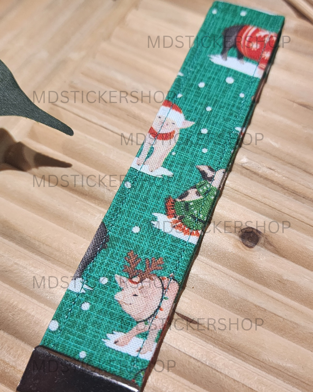 Holiday Pig Print Fabric Keychain, Key Fob