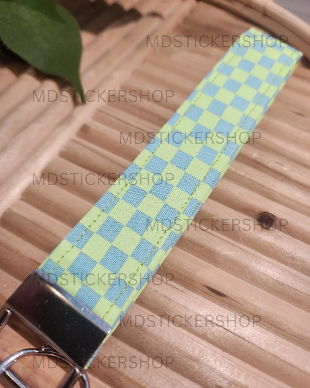 Neon Green Check Print Fabric Keychain, Key Fob