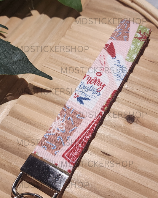 Christmas Present Print Fabric Keychain, Key Fob